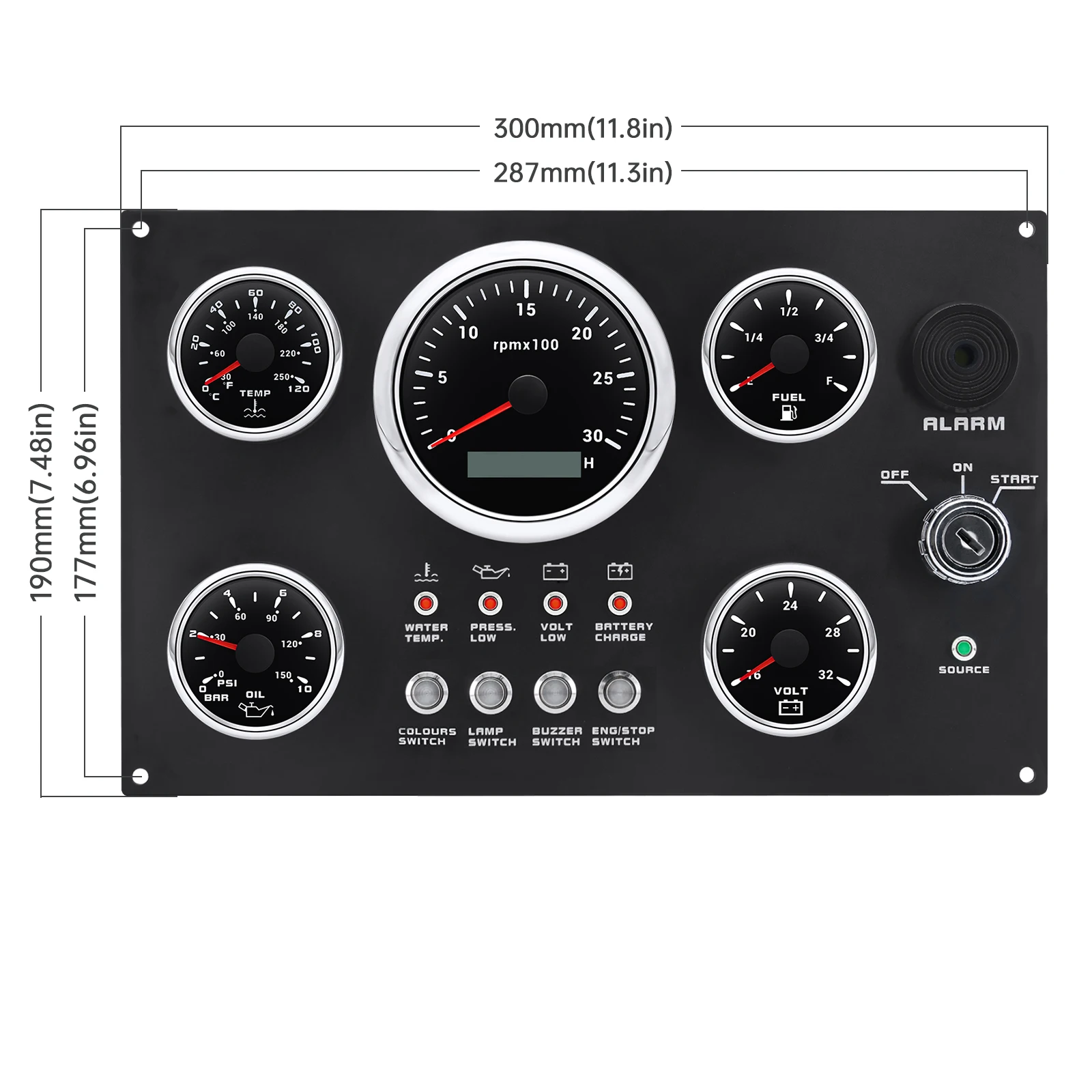 Engine Dash Instrument Panel 12V/24V with 7 Colour Backlights 0-3000RPM Speed Fuel Voltmeter Oil Pressure Gauge for RVs Boats