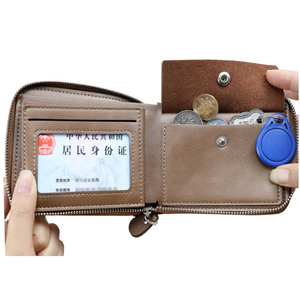 CSONLINEMALL Retro Men Wallet PU Leather Grid Wallet Short Purse Multi  Function Fashion Zipper Wallet