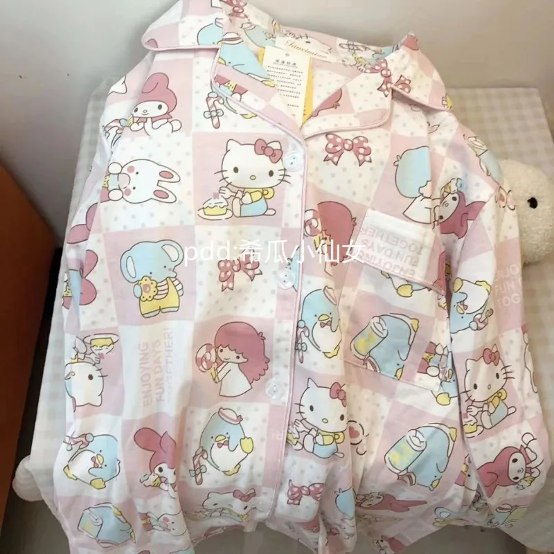 

Kawaii Sanrio Hello Kitty Pajamas Spring and Autumn Pajama Set Cartoon Cute Girl Student Gift Long Sleeve Warm Home Furnishing