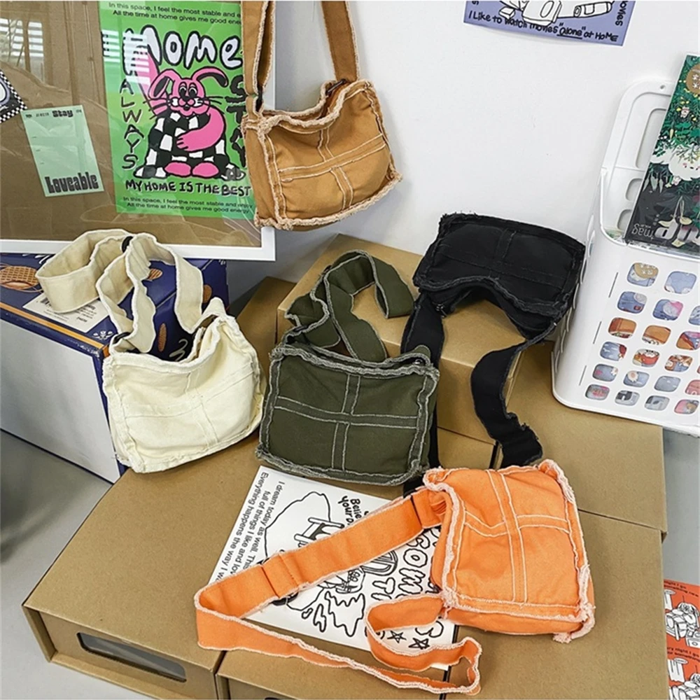 

Vintage Raw Edge Canvas Crossbody Bag Women Mini Shoulder Bag Female Thick Cloth Small Messenger Bag Adjustable Tote Purse Bag