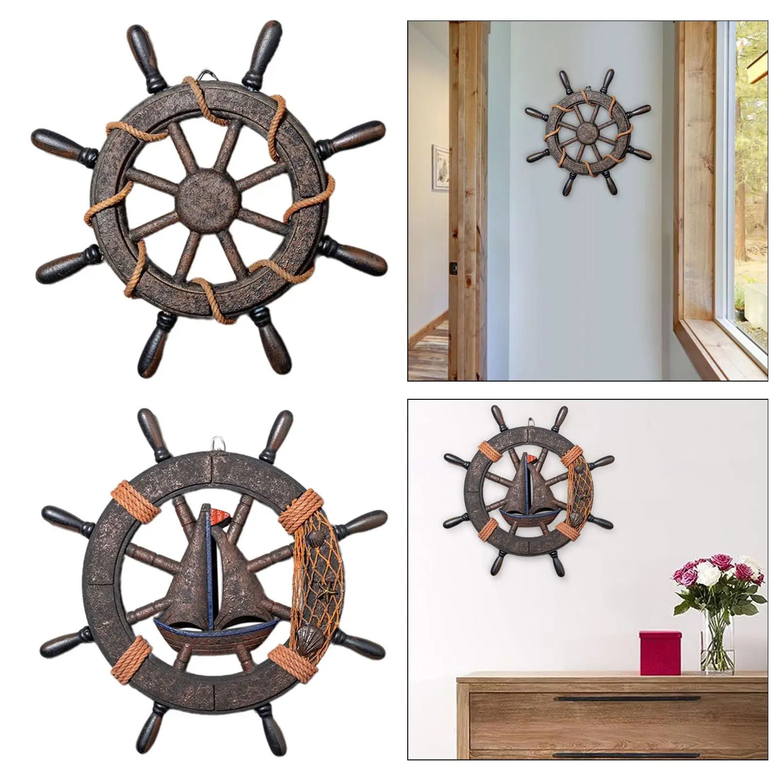 Wall Art Decor Nautical Wheel Wall Sculpture Wooden Ship Steering Wheel Boat Rudder for Club Living Room Bar Fireplace Farmhouse