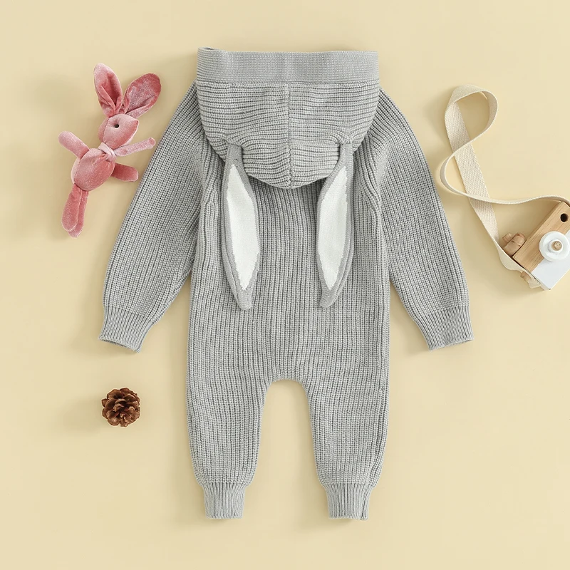 

Baby Girl Boy Bunny Jumpsuit Long Rabbit Ear Hoodie Knitted Sweater Romper Newborn Easter Outfit Costume Clothes