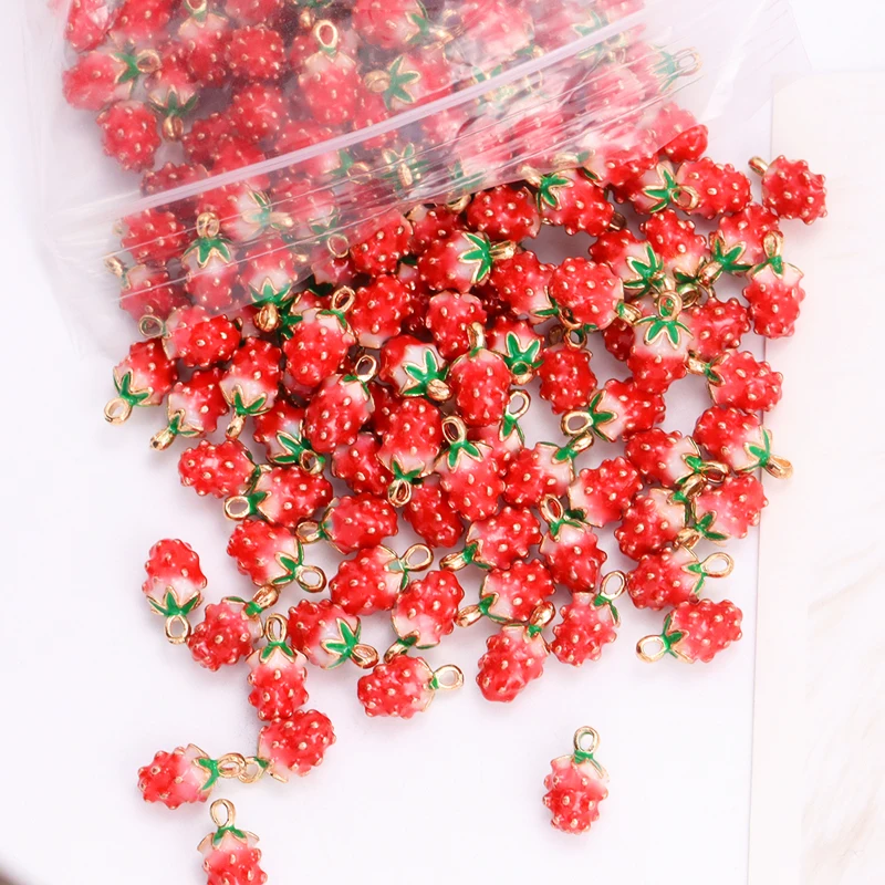 Set of 10 Enamel Strawberry Charms - Gold-Tone Fruit Pendants