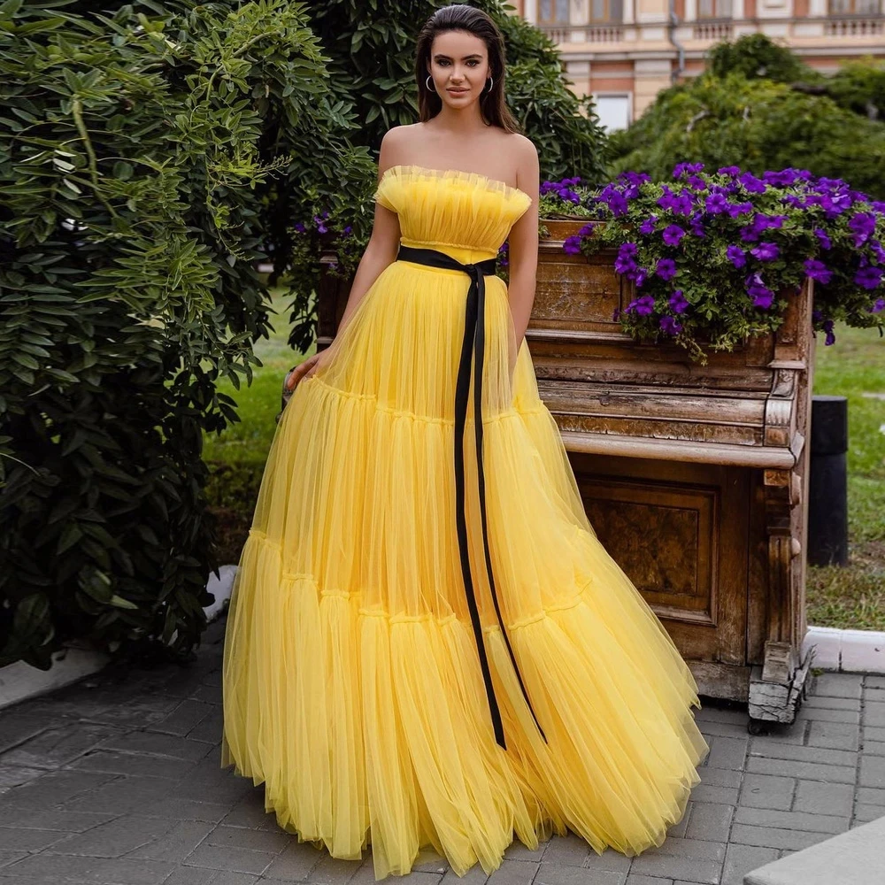 Elegant Yellow Evening Dresses with Black Belt Off Shoulder Strapless Empire Waist Tiered Tulle Wedding Party Gowns formal dresses & gowns