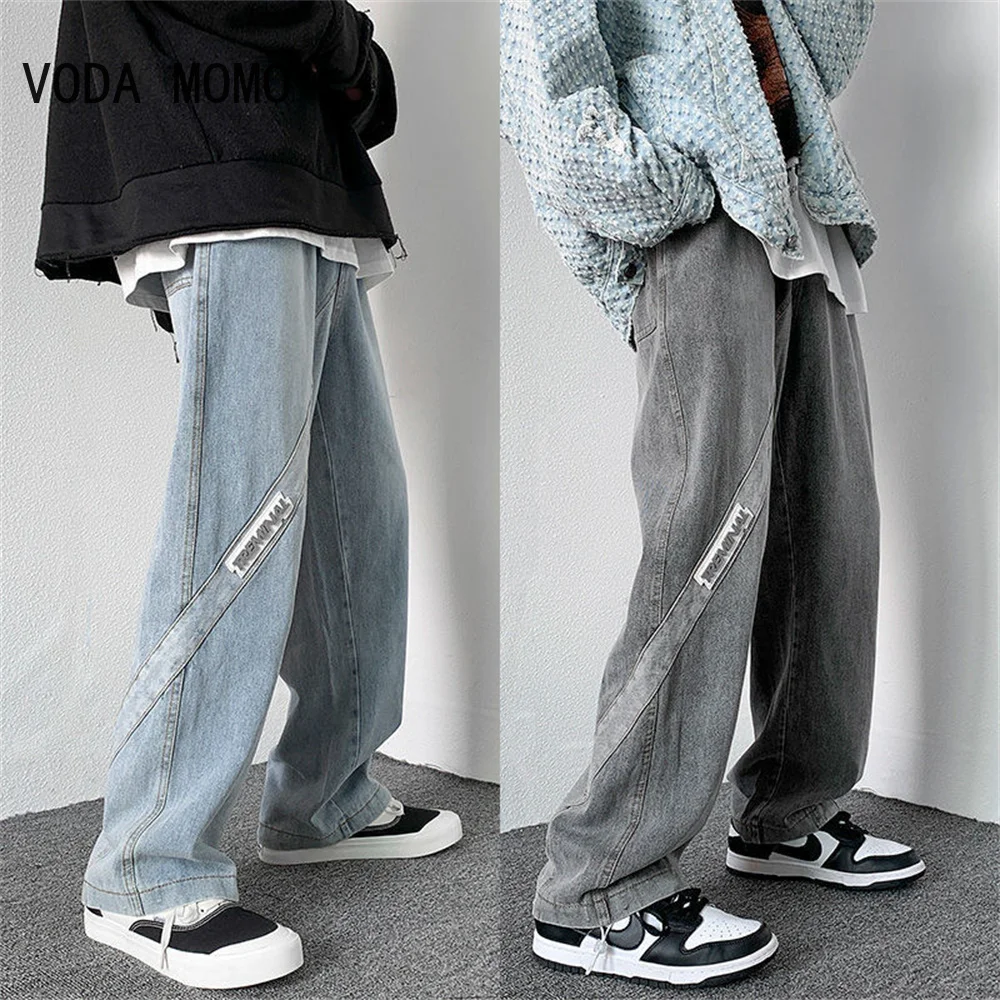 Men'S Denim Pants Fashion Loose Wide Leg Jeans Casual Streetwear Printed Trousers Pants Baggy Men Jeans Blue Gray Men Jeans