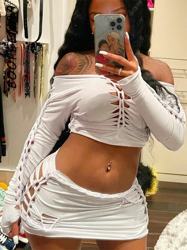 BOOFEENAA Two Piece Set Club Outfits Women Sexy Cut Out Mini Skirt and Crop  Top Festival Clothing Rave Baddie Streetwear C70DE25