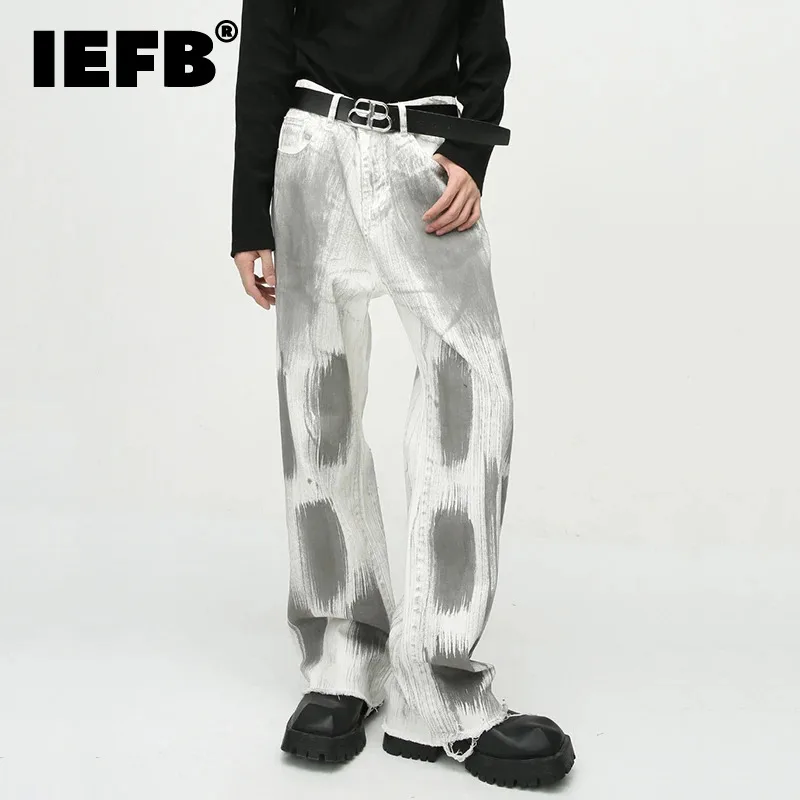 

IEFB Vintage Men Jeans New Tie-dye Korean Style Tassel Men's Straight Chic Trousers Wide Leg Denim Pants Spring Trendy 9C3665