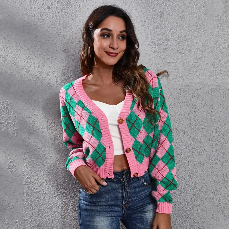 

argyle Crop Cardigan women Sweater y2k Female Vintage Knitwears V-neck Contrast Cardigan Cropped Rhomboid Cardigan Autumn Coat