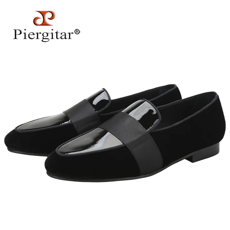 

Piergitar Black Velvet Patchwork Patent Leather Men Loafers With Horizontal Band Handmade Flats Suitable For Party Formal Suits