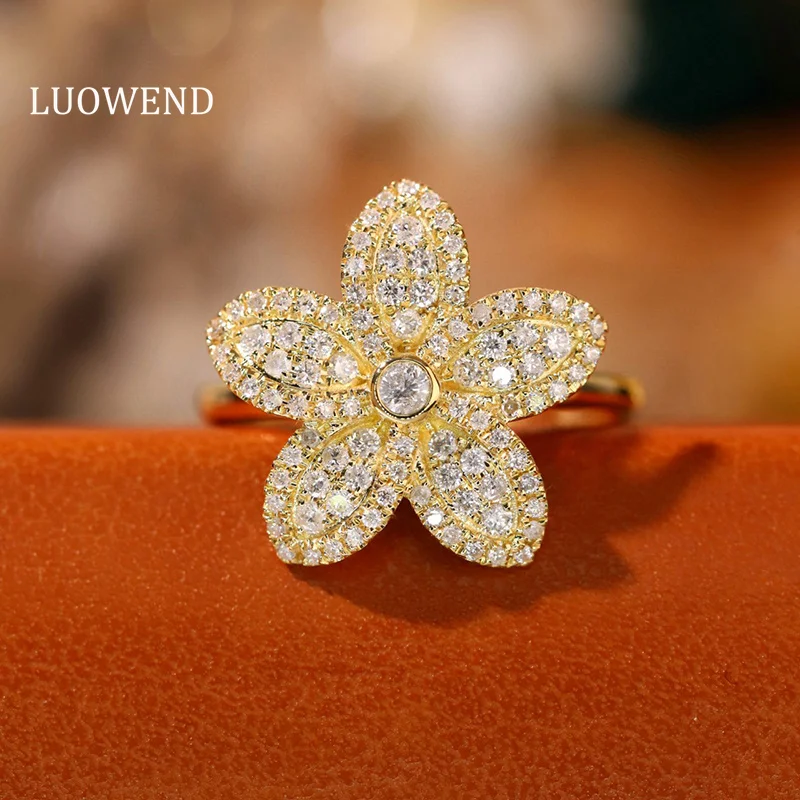 

LUOWEND 18K White or Yellow Gold Rings Romantic Flower Design 0.55carat Real Natural Diamond Ring for Women High Party Jewelry
