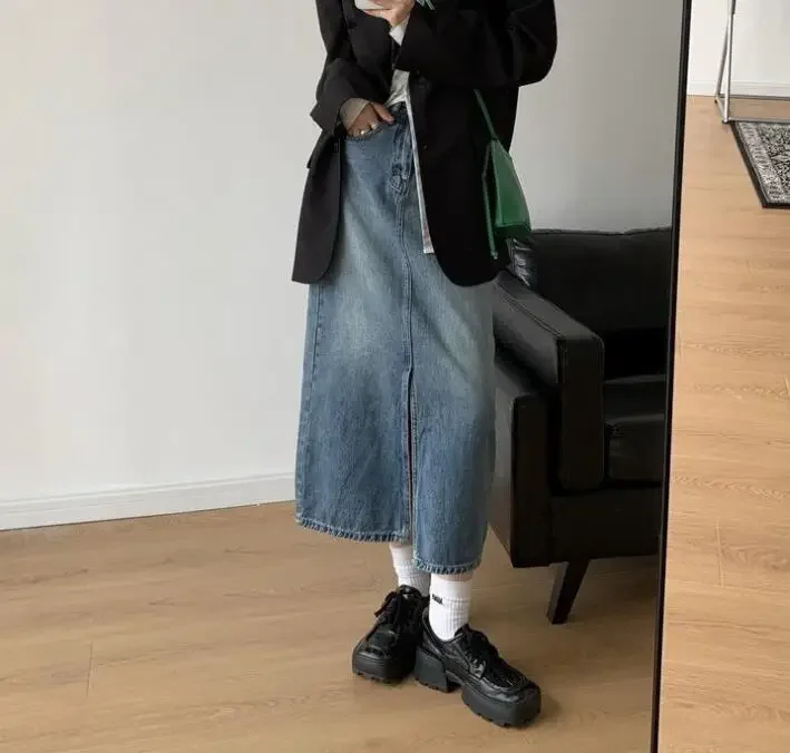 Women's Vintage Denim Mid Length Skirt Spring Autumn High Waist Split Slim A-line Wrap Hip Skirt y2k Washed Lady Street Skirt