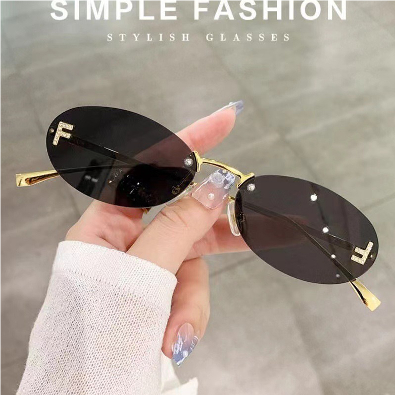 Sun Glasses Men Shades Driving Eyewear Glasses Female UV400 Rimless Oval Sunglasses Women Cat Eye Brand Designer Letter Punk