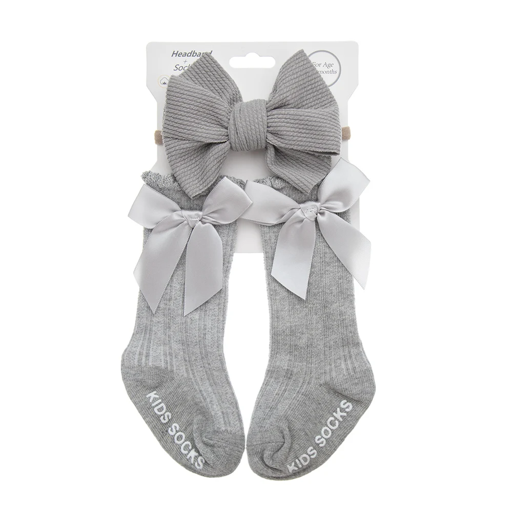 3-Piece Baby Cotton Knee Socks and Hair Bow Headband Set
