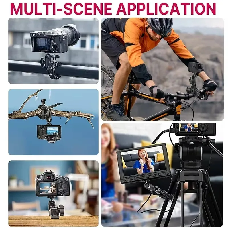 U-lanzi R094 DSLR 카메라 모니터 라이트 마이크 마운트용 1/4 3/8 구멍이 있는 이중 볼 헤드 매직 암 클램프가 있는 금속 슈퍼 클램프