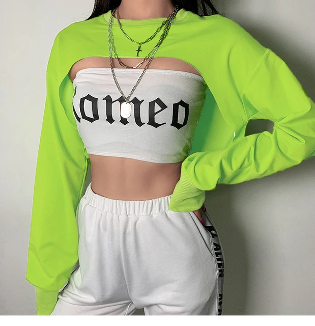 Sudadera Corta De Manga Larga Con Capucha Para Hombre Mujer, Prenda Deportiva Holgada De Color Verde Neón, Corte Ropa De Top Corto, Pr2932g - Sudaderas - AliExpress