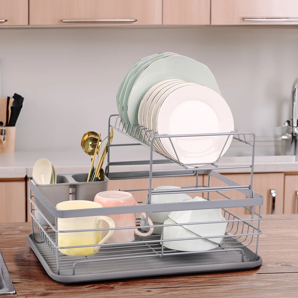 Voltsify 2 Tier Metal Dish Drainer Rack Sink Washing Plates Draining Board