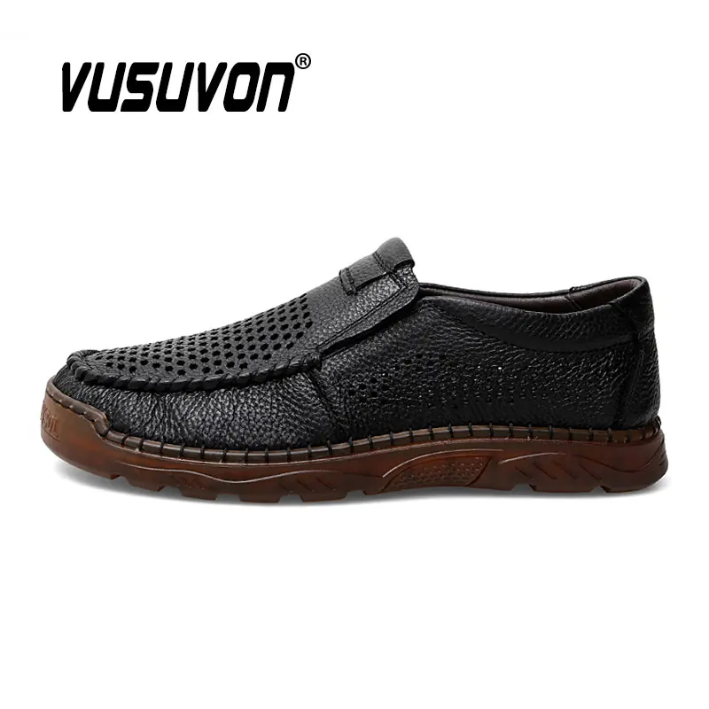 Fashion Men Loafers Breathable Leather Boys 38-47 Size Black Soft Outdoor Casual Summer Sandals Mules Dress Work Flats