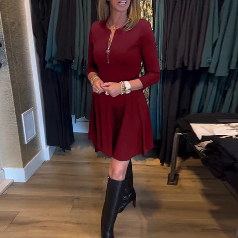 

Simple O-neck Long Sleeved Office Dress Casual Zipper Pleated Short Dress Women's Vintage Solid Color Slim Party Dress Vestidos
