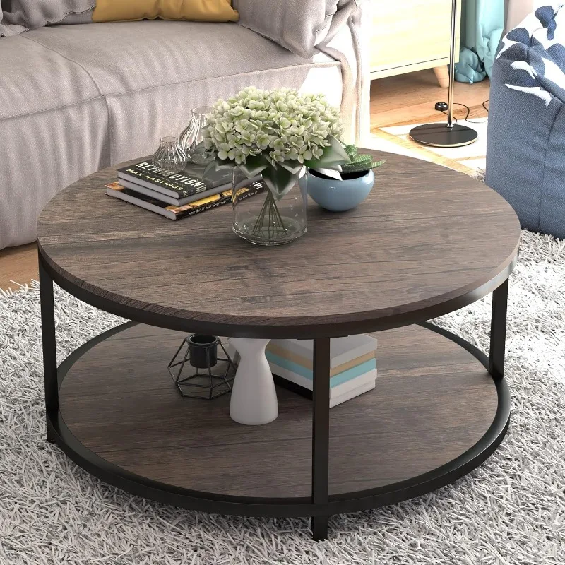 NSdirect Round Coffee Table,36 Coffee Table for Living Room,2-Tier Rustic Wood Desktop with Storage Shelf Modern Design Home