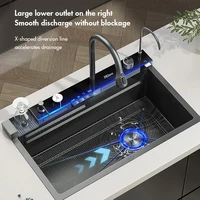 304 Stainless Steel Waterfall Kitchen Sink Large Single Slot Integrated Digital Display Faucet Set Soap Dispenser Cup Washer 2