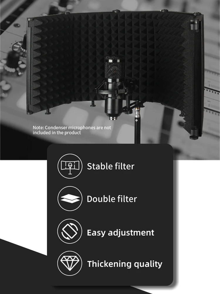 Professional Studio Microphone Isolation Shield with 3/5 Panel AdjustableReflectionFilter-High-DensityFoamPyramidDesign