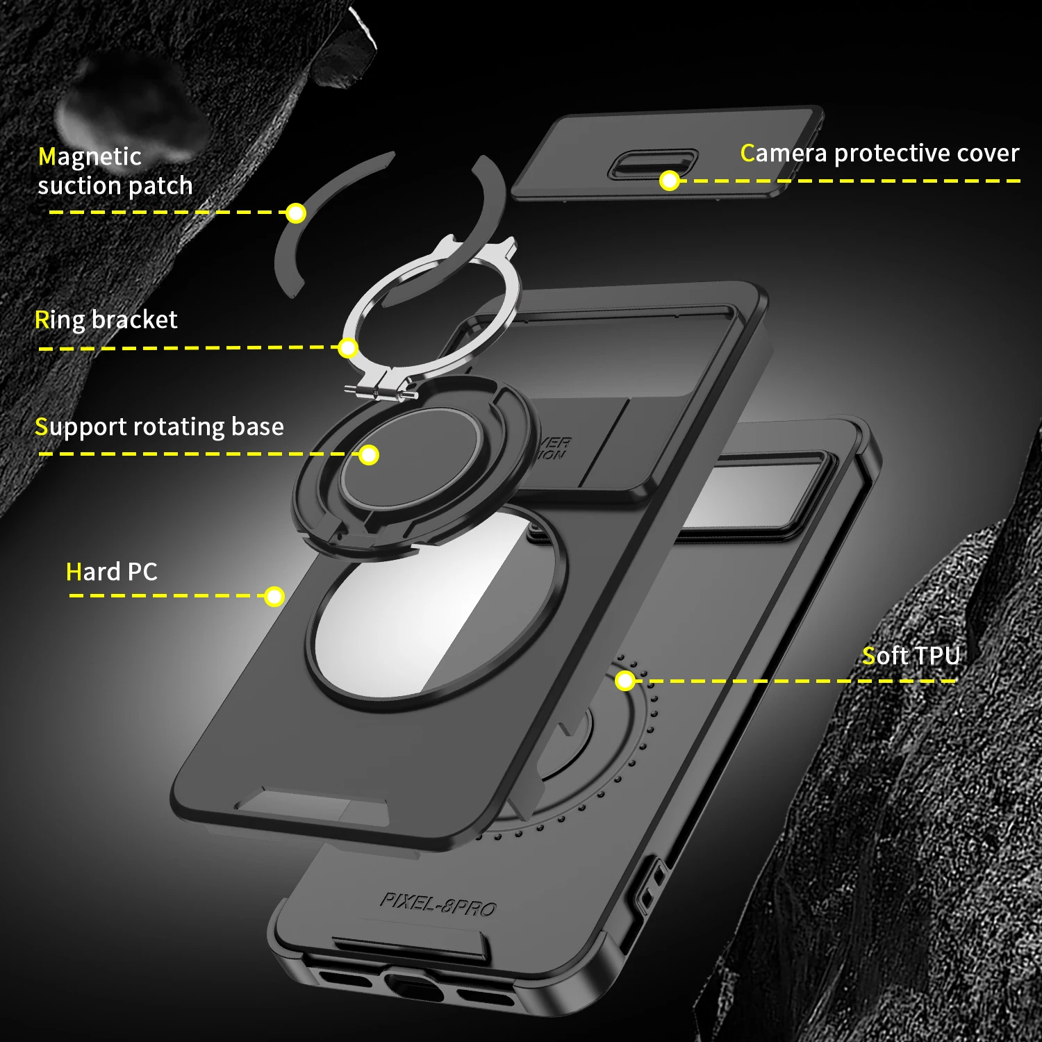 360° Rotating Finger Ring Bracket Heavy Slide Camera Case with Magnetic Wireless Charging Compatibility