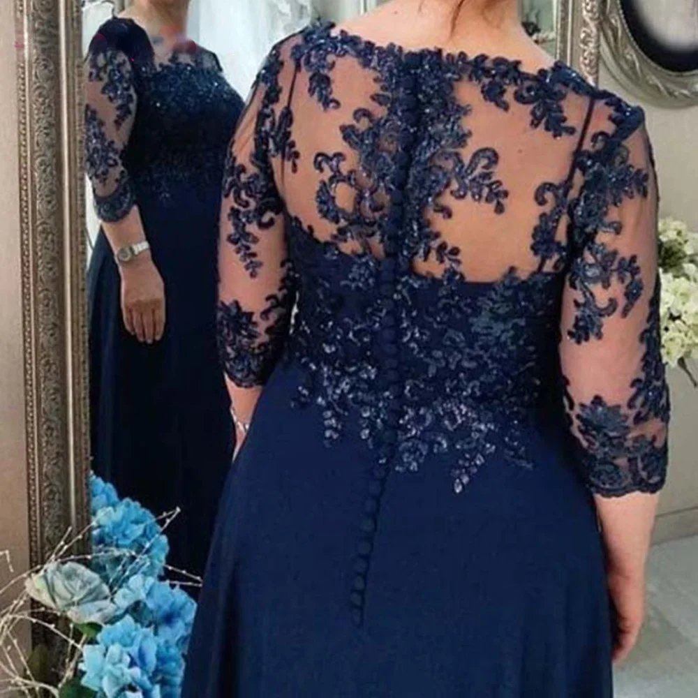 Blu Navy elegante abito madre della sposa in Chiffon Plus Size 3/4 maniche Appliques abiti lunghi da sposo per la festa di nozze