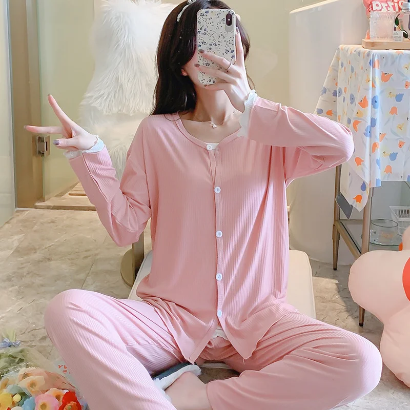 

2023 Confinement Clothes Pure Cotton Maternity Pajamas Fake Two Piece Suit Thin Breastfeeding Postpartum Pregnant Nursing Home