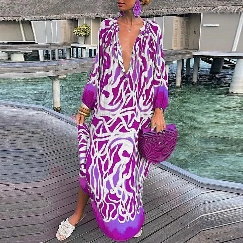 Fashion Maxi Dresses For Women V Neck Long Sleeve Party Dress Boho Vintage Print Long Dress Plus Size Loose Casual Vesitdos