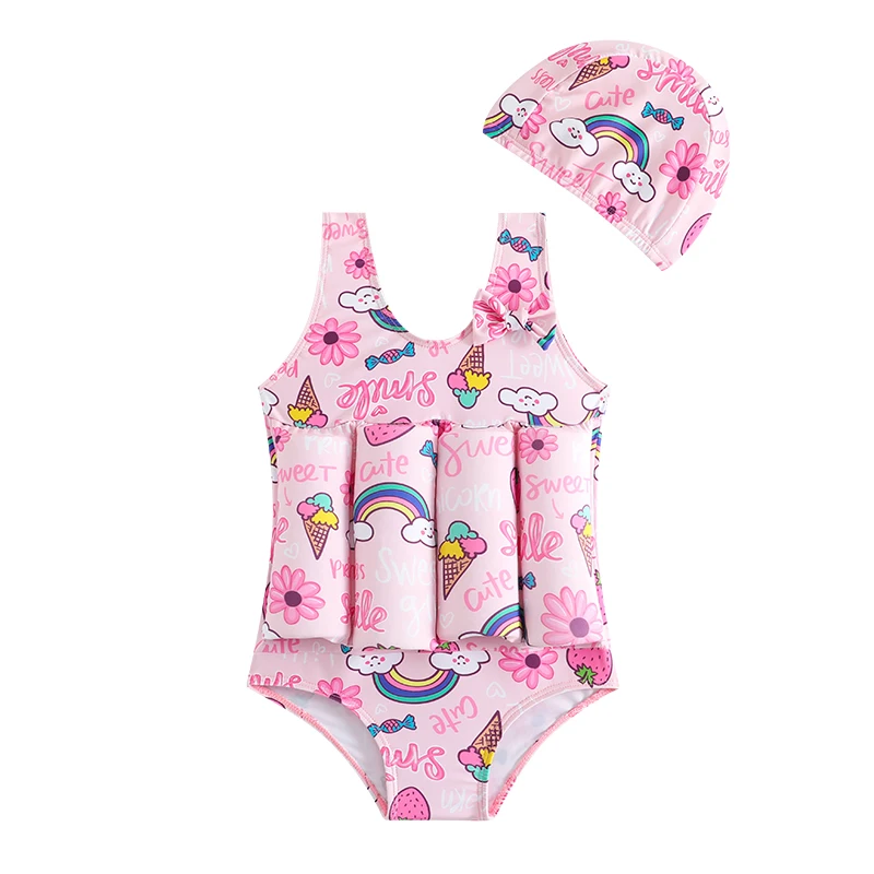 One Piece Swimsuit Children Swimsuit Children Swimsuits Buoyancy Girl Swimsuit 1-5 Years Children Floating One Pieces+Cap New Summer Sleeveless Toddler Infant Girls