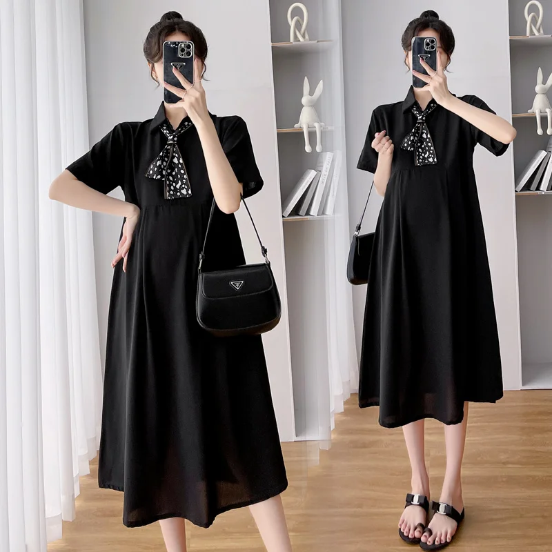 

Maternity Summer New Fashion Loose Dress Short Sleeve Turn-Down Collar Bowknot Pregnant Woman A-Line Dress Office Lady Clothes