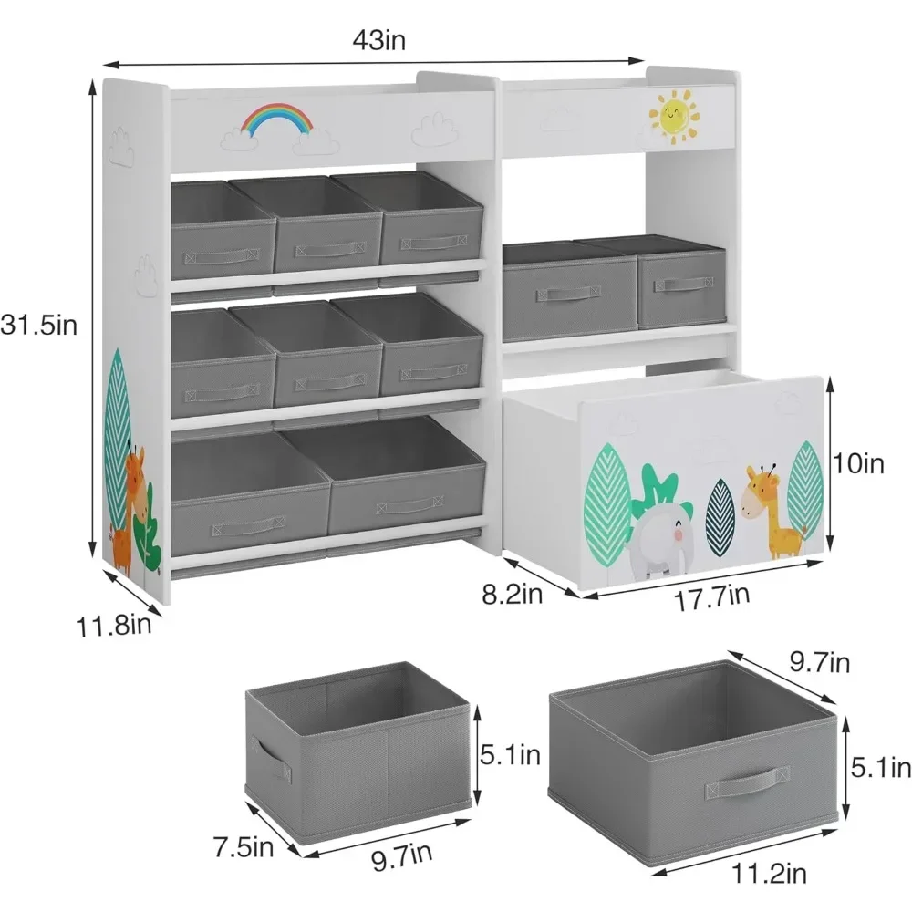 Toy Storage Organizer, Toy Bookshelf with 10 Fabric Bins and Movable Chest, Storage Cabinet for Playroom, School Bookcases 5