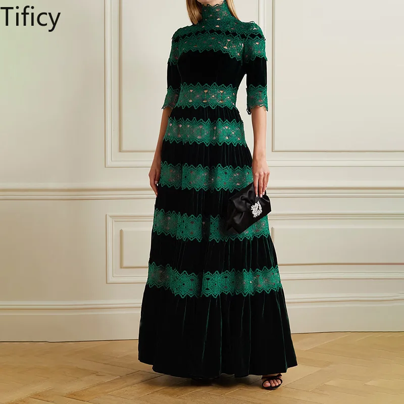 

TIFICY Women's Retro Style Half-high Neck Long Dress 2024 New Design Sense Stitched Lace Waist Slim Maxi Dresses
