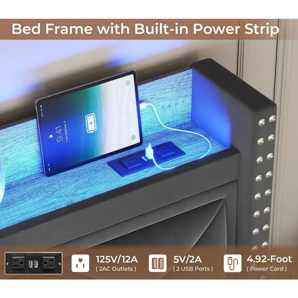 King Size Bed Frame with Tall Headboard, Kings Size Bed Frame with Charging Station, Led Upholstered Bed Frame King 6