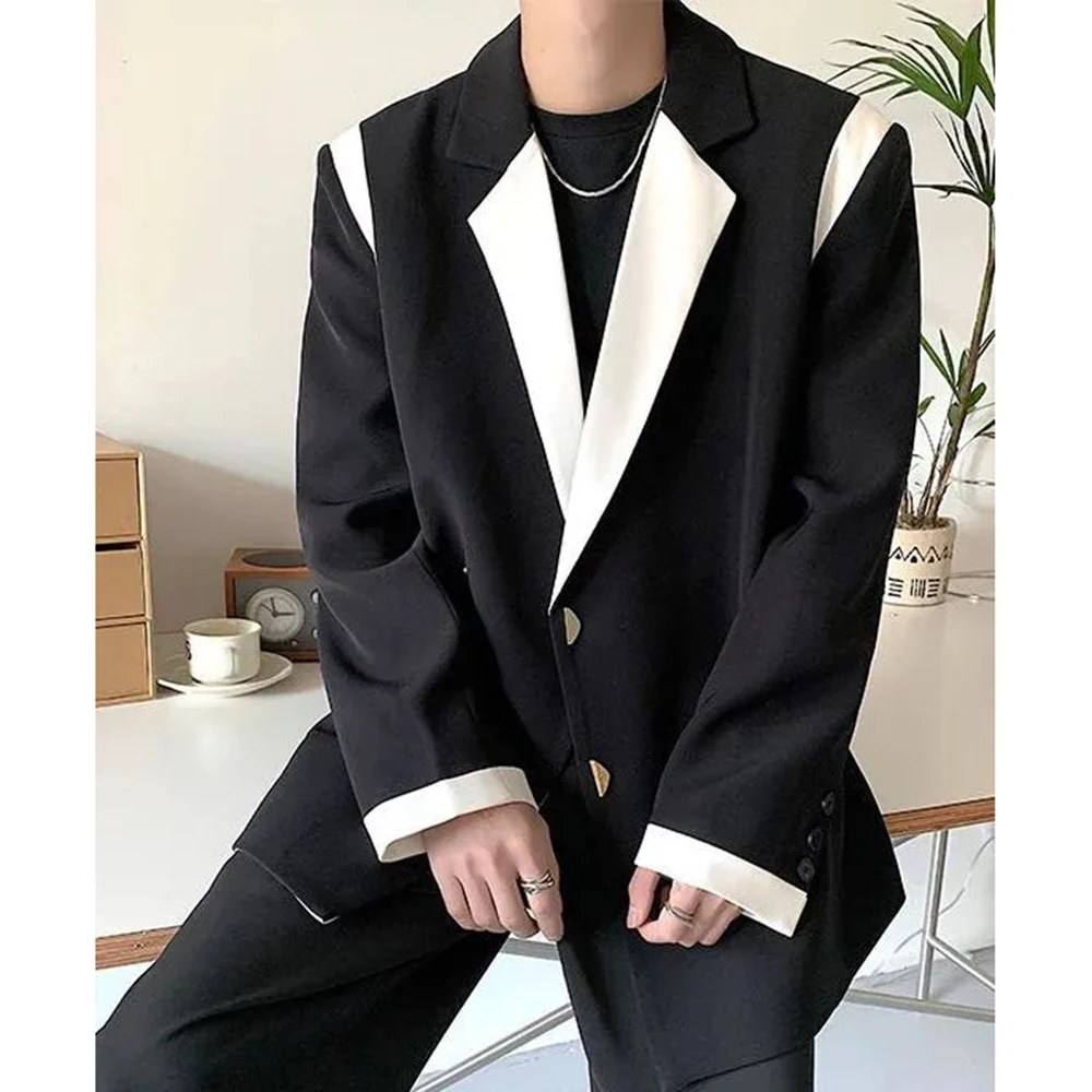 Mens Blazer Men Blazer Patchwork Lapel Long Sleeve Coats