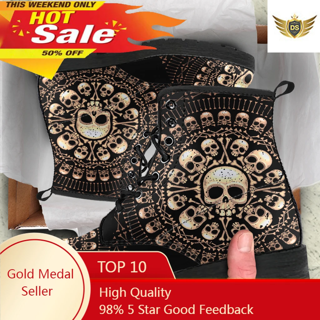Stylish Skull Design Women's Boots Autumn Winter Unisex PU Leather Boots Lace Up Vulcanized Rubber Sole Boots Print On Demand