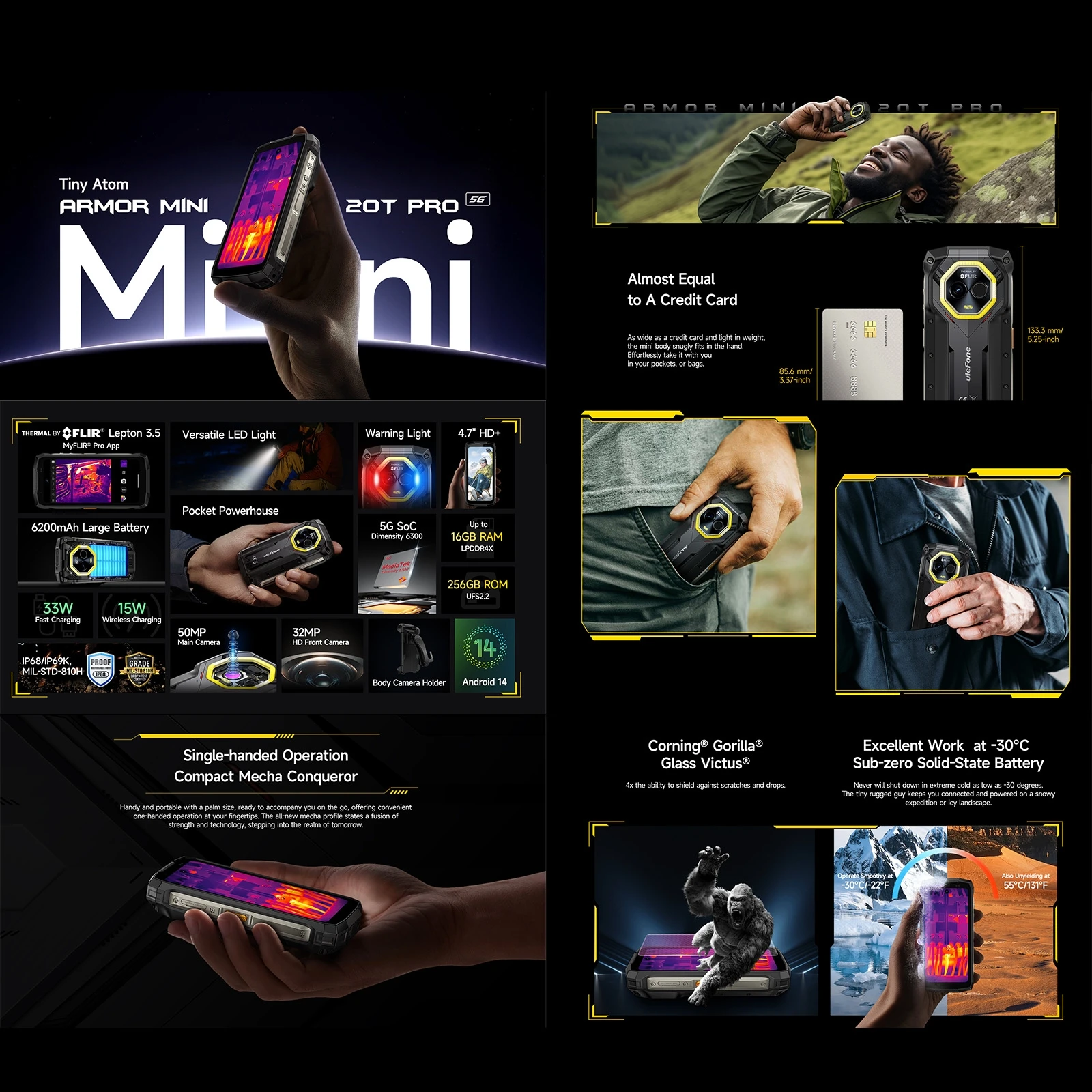 Ulefone Armor Mini 20T Pro Rugged Phone 8GB+256GB 4.7" Display 6200mAh MediaTek Dimensity 6300  Android 14 33W 5G Smartphone
