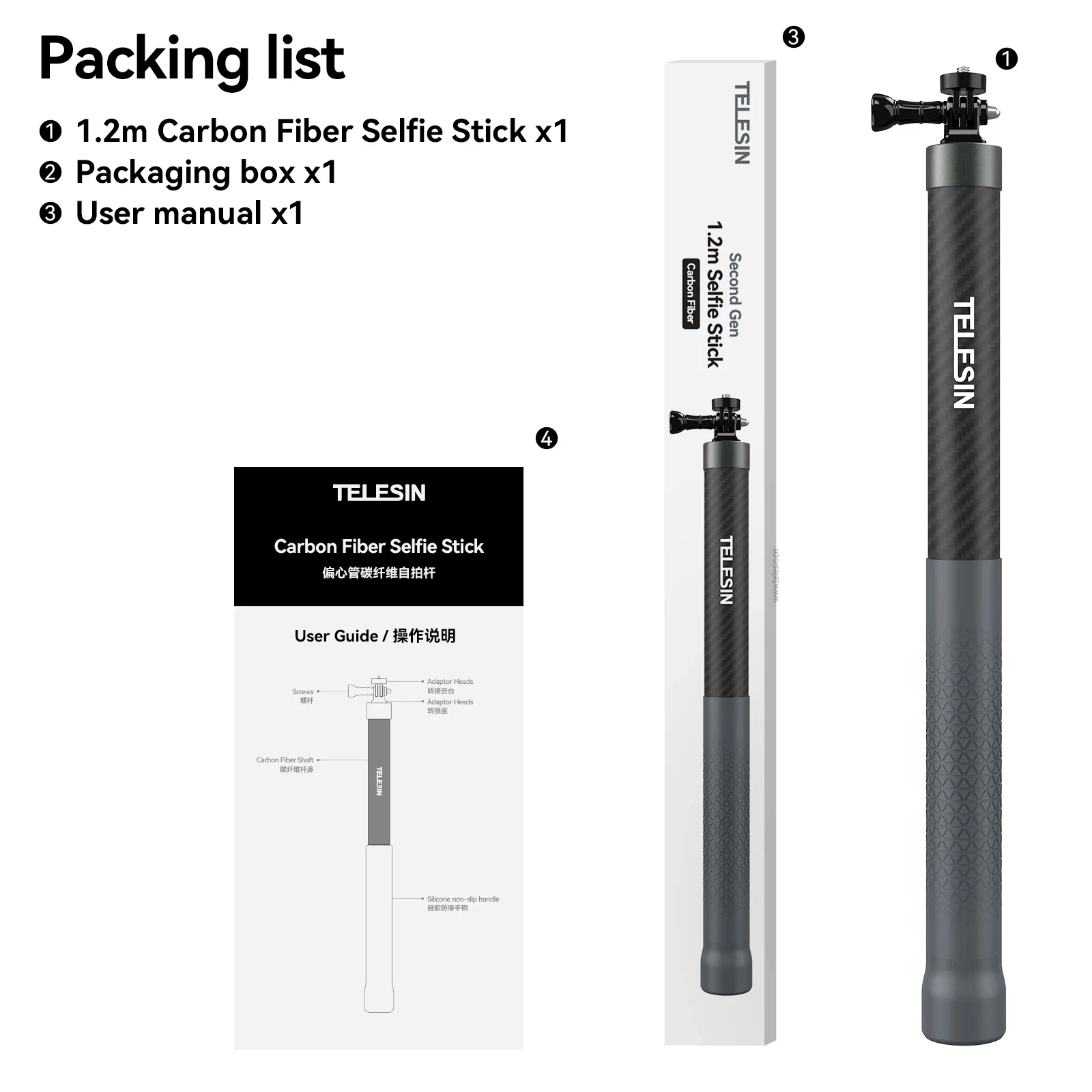 Telesin 3m Carbon Fiber Selfie Stick Monopod Extendable With