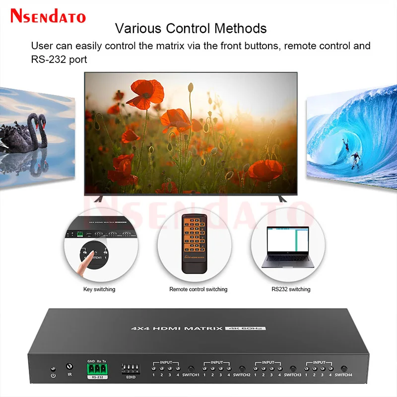 LKV424 4K 60Hz HDR HDMI True Matrix Switch 4 in 4 out UHD HDMI Matrix Switcher Splitter Selector 4x4 with RS232 EDID For TV PC