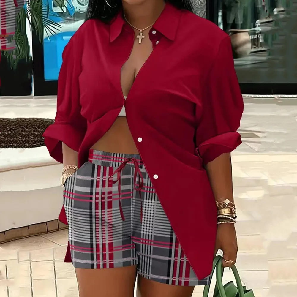 

Женский костюм с шортами и принтом, винтажный костюм из рубашки с длинным рукавом, на пуговицах и коротких брюк, Свободный Повседневный костюм для женщин, осень