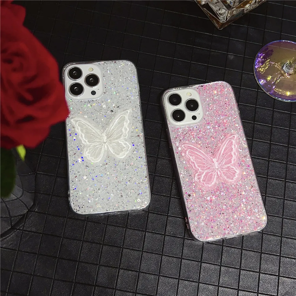 Coque de téléphone à paillettes brillantes et papillon, étui pour Samsung S24 S23 Ultra S23FE S21FE S20 FE S22 Plus Note 20 Blling_voghion.com