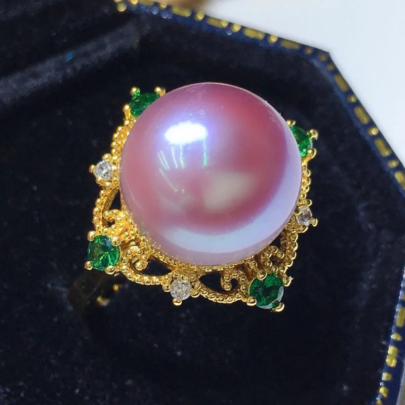 

Fresh Water Purple 11-12mm near Round Large Particle Pearl Ring 18K Gilded Craft Elegant
