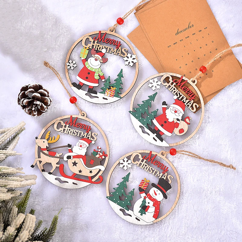 

Round Wooden Merry Christmas Pendants Painted Hollow Out Sleigh Deer Santa Claus Snowman Xmas Tree Hanging Ornaments Party Decor