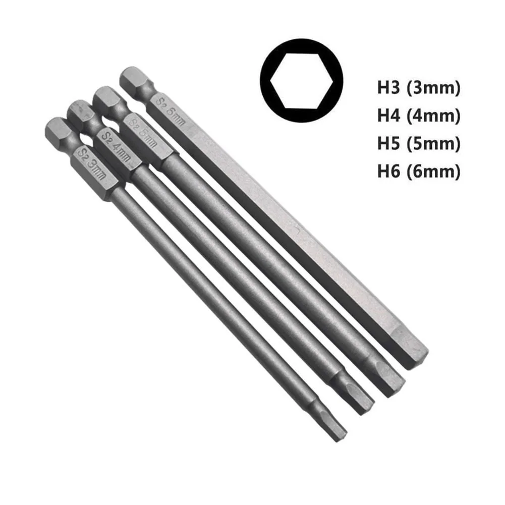 4pcs Magnetic Screwdriver Bits 100mm Alloy Steel 1/4 Hex Shank Long For Torx Cross Slotted Hex Head Slotted Tip