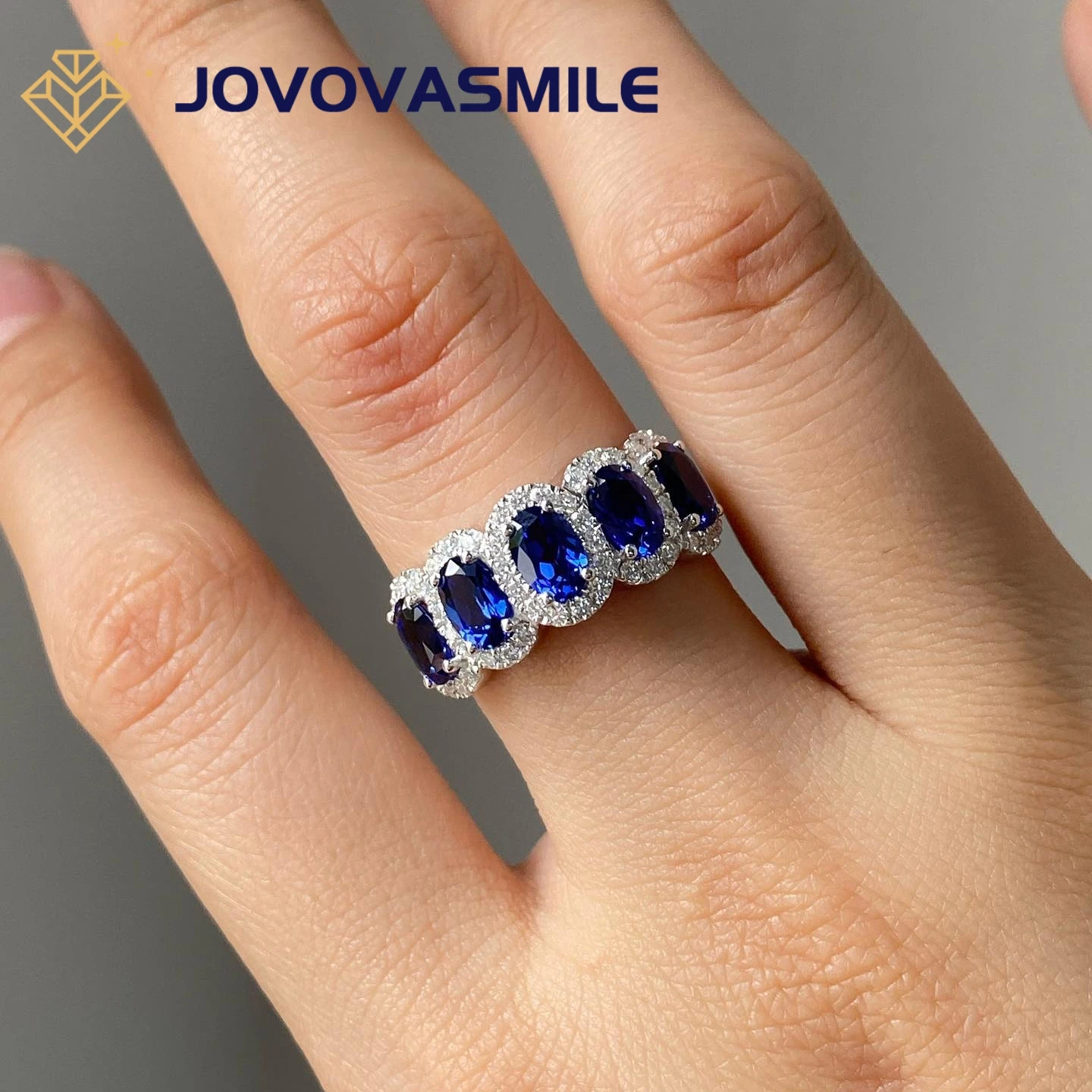 JOVOVASMILE Lab Sapphire Ring Bands 0.5 Carat Each 5 Pcs Gems with Moissnaite Stones 14K Solid Gold Ring for Woman