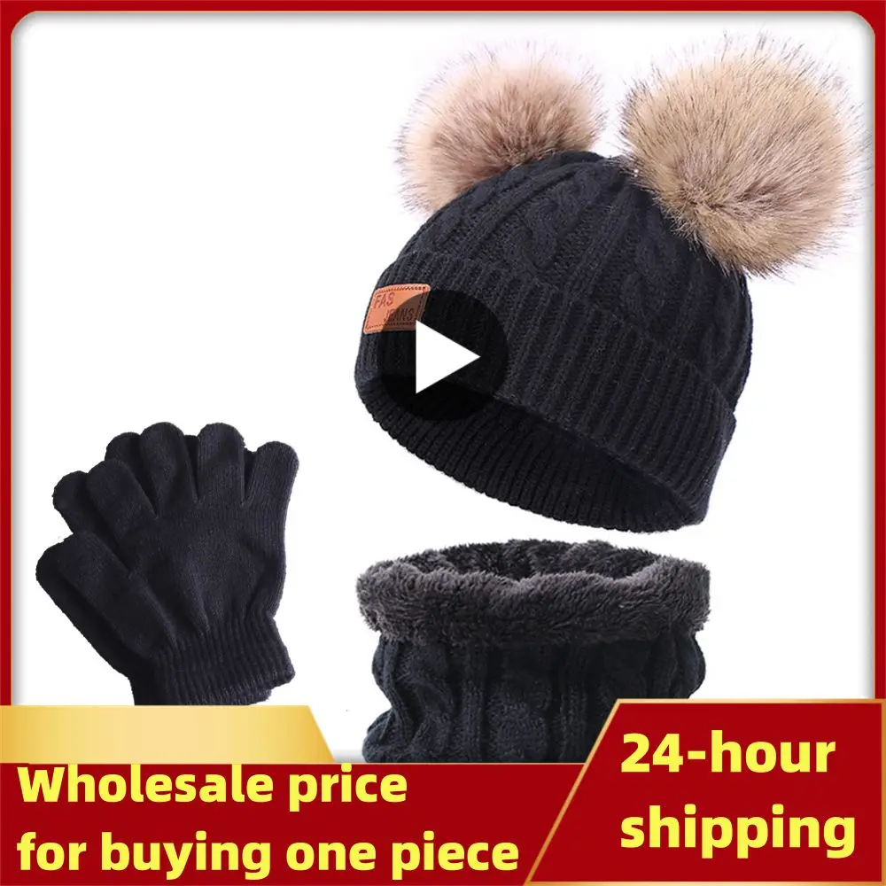 

Cute Baby Hat Scarf Gloves Suit Set Beanie Children's Hats Fake Ball Pompon Plush Keep Warm Winter Knitted Skullies