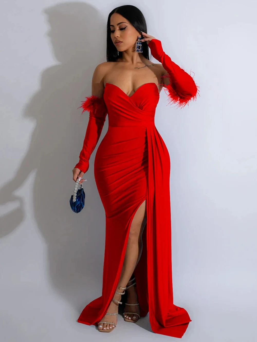 

Elegant Satin Evening Dress 2024 New Feathers 3/4 Sleeves Strapless Side Split Mermaid Party Prom Gowns Custom Vestidos De Noche