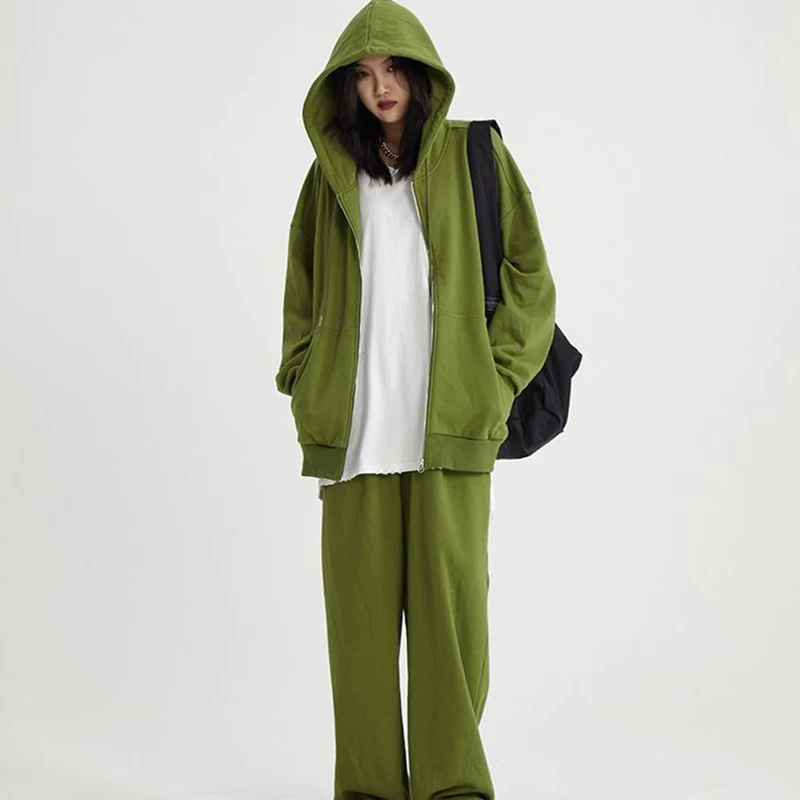 

Spring And Autumn Oversize Loose Lazy Wind Hooded Sweater Sweater Pants Suit Women's Green Casual Sportswear
