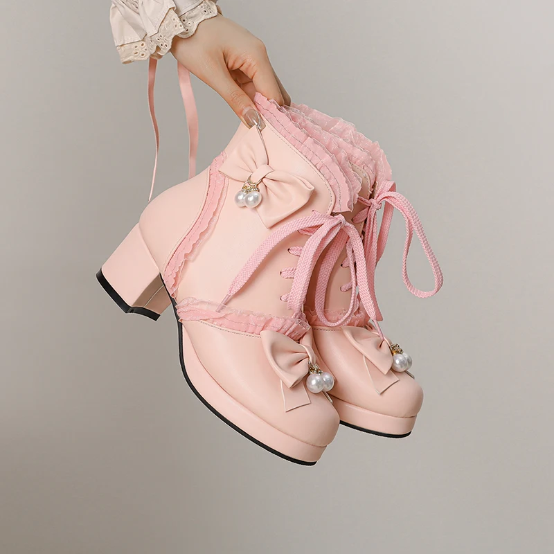 

2023 new autumn winter Women ankle boots plus size 22-26.5CM microfiber modern boots Lace pearl bow Lovely Lolita short boots