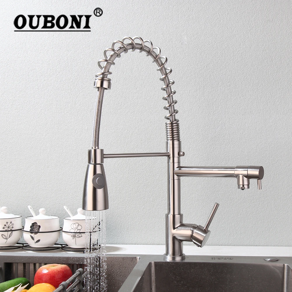OUBONI Kitchen Faucet Pull Out Dual Spout Nickel Brushed Deck Mount 360 Degree Rotation 2 Functions Hot Cold Taps Kitchen Sink